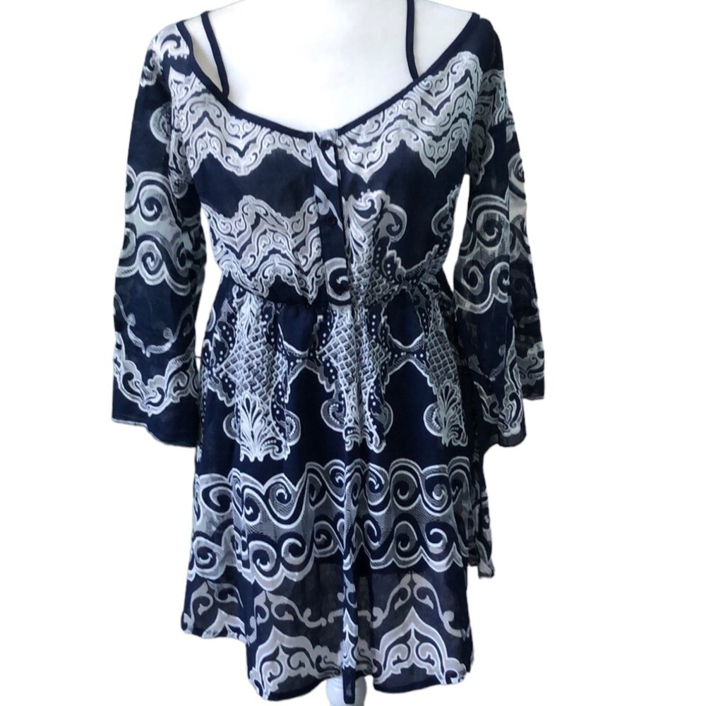 BooHoo Navia Crochet Off The Shoulder Skater Dress Navy Size 8 NWT
